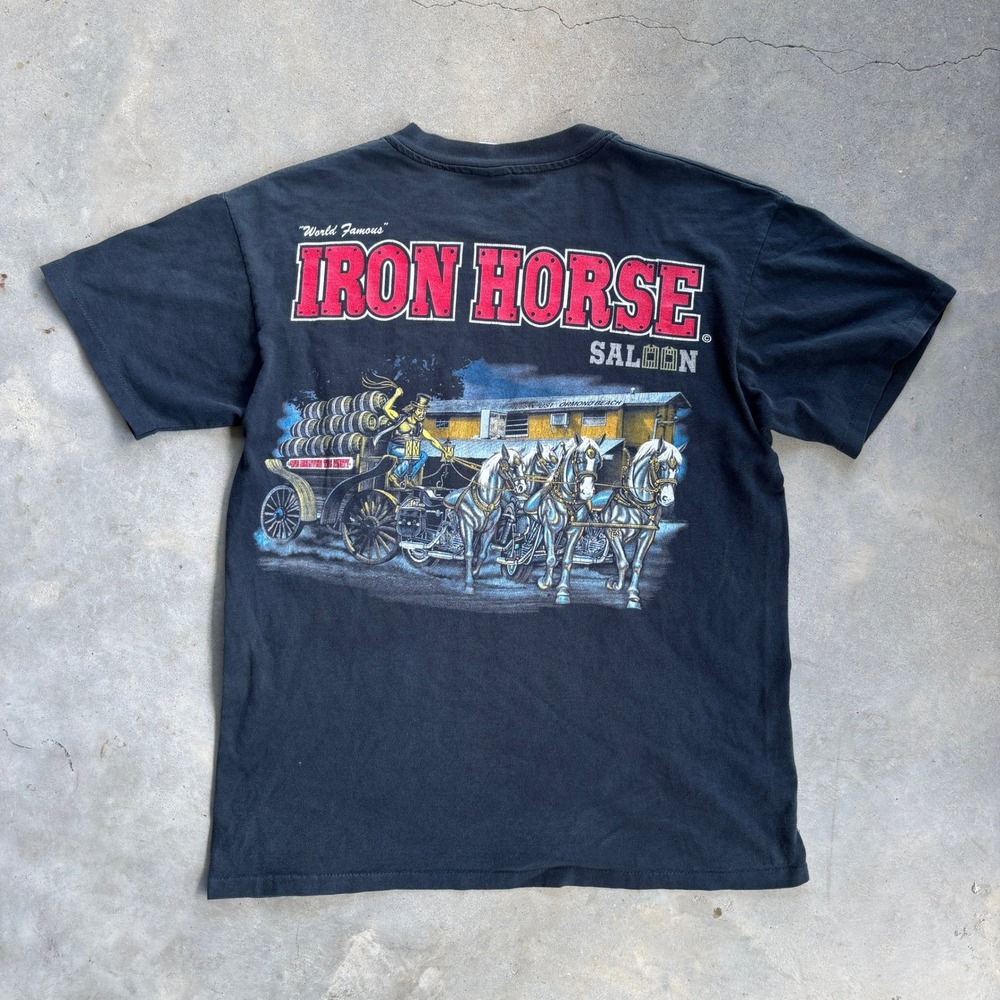 Vintage 90s Iron Horse Saloon Ormond Beach Pocket T-Shirt Fade Black Large Anvil